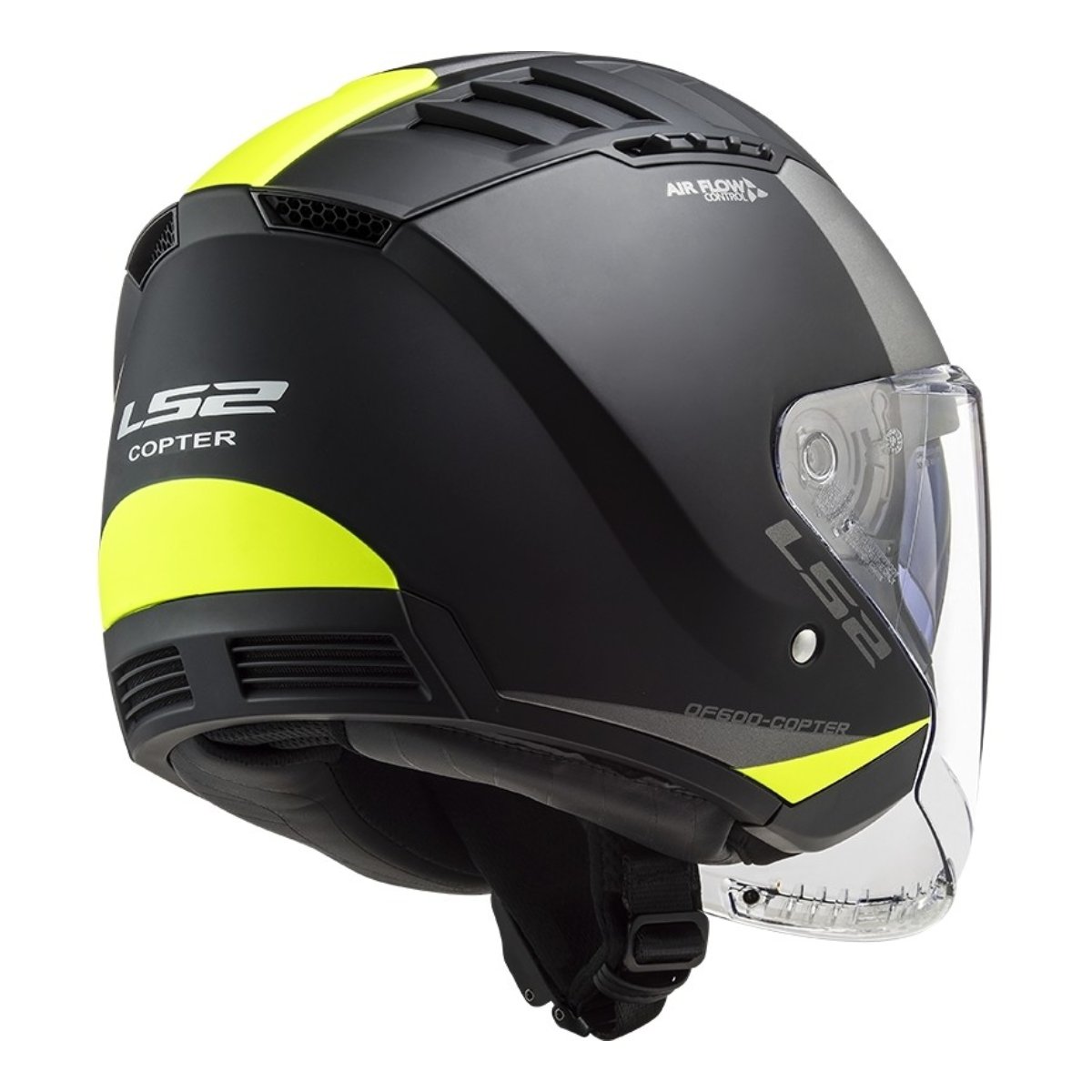 Casco Moto Jet Doppia Visiera Ls2 OF600 Copter URBANE Nero Giallo Fluo Opaco